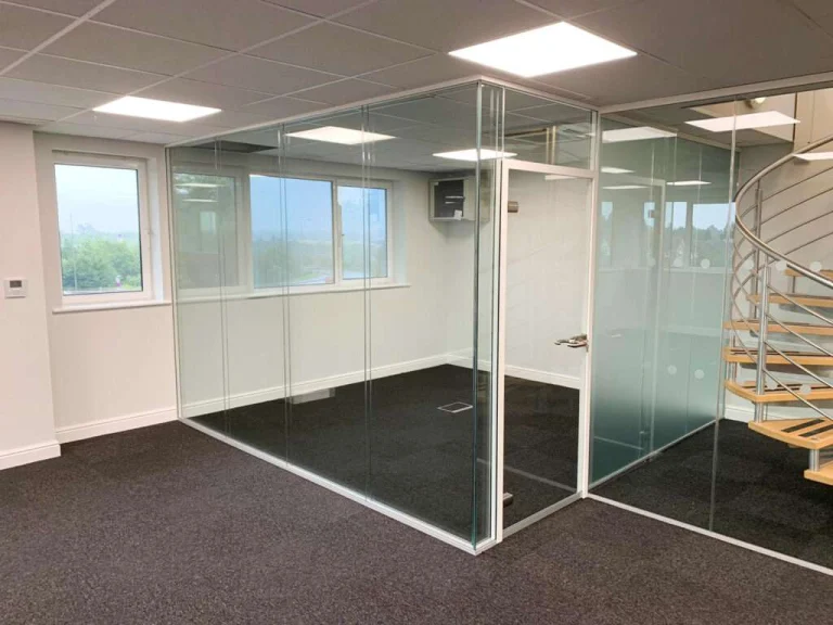 Glass partition panels in an interior