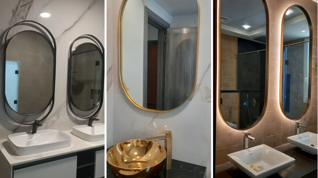 Three bathroom mirror installs: black capsule mirrors on a double vanity, a gold mirror over a gold basin, backlit pair