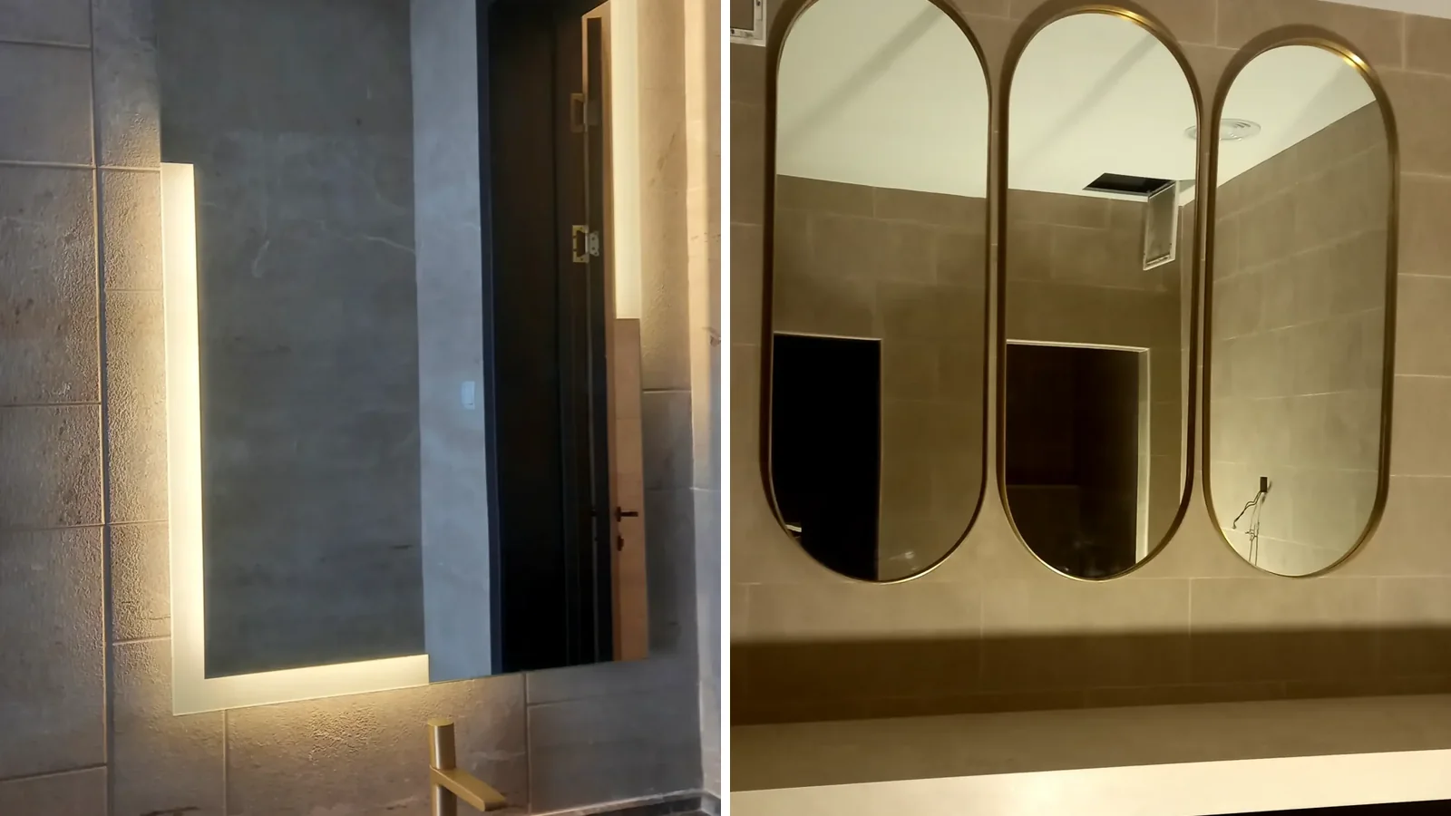 Backlit rectangular mirror above a brass tap, next to three gold-framed capsule mirrors over a long vanity counter