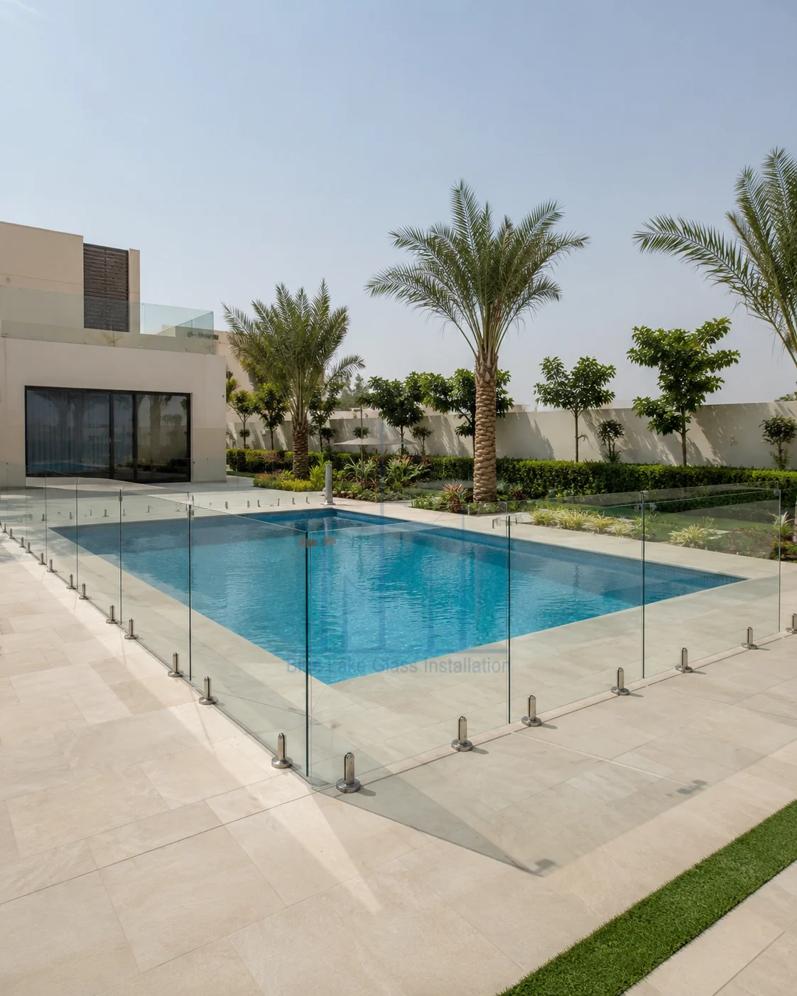 Frameless pool glass fence around a modern Dubai-style villa swimming pool