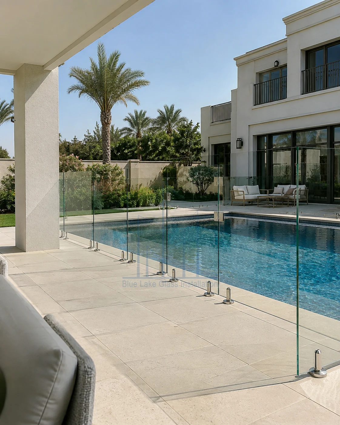 Clear pool glass fencing around a landscaped villa swimming pool