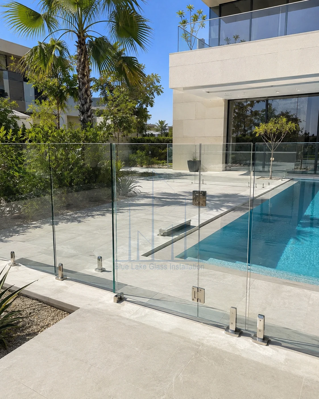 Frameless pool glass gate and fencing beside a contemporary villa