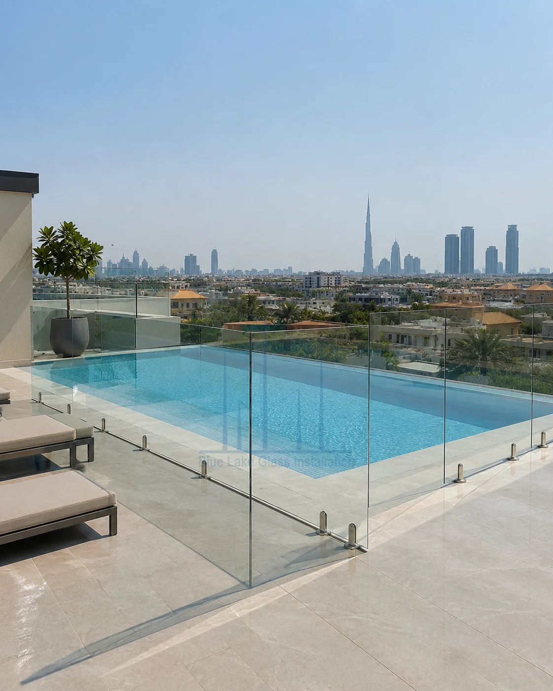 Rooftop pool glass fence with a Dubai skyline view